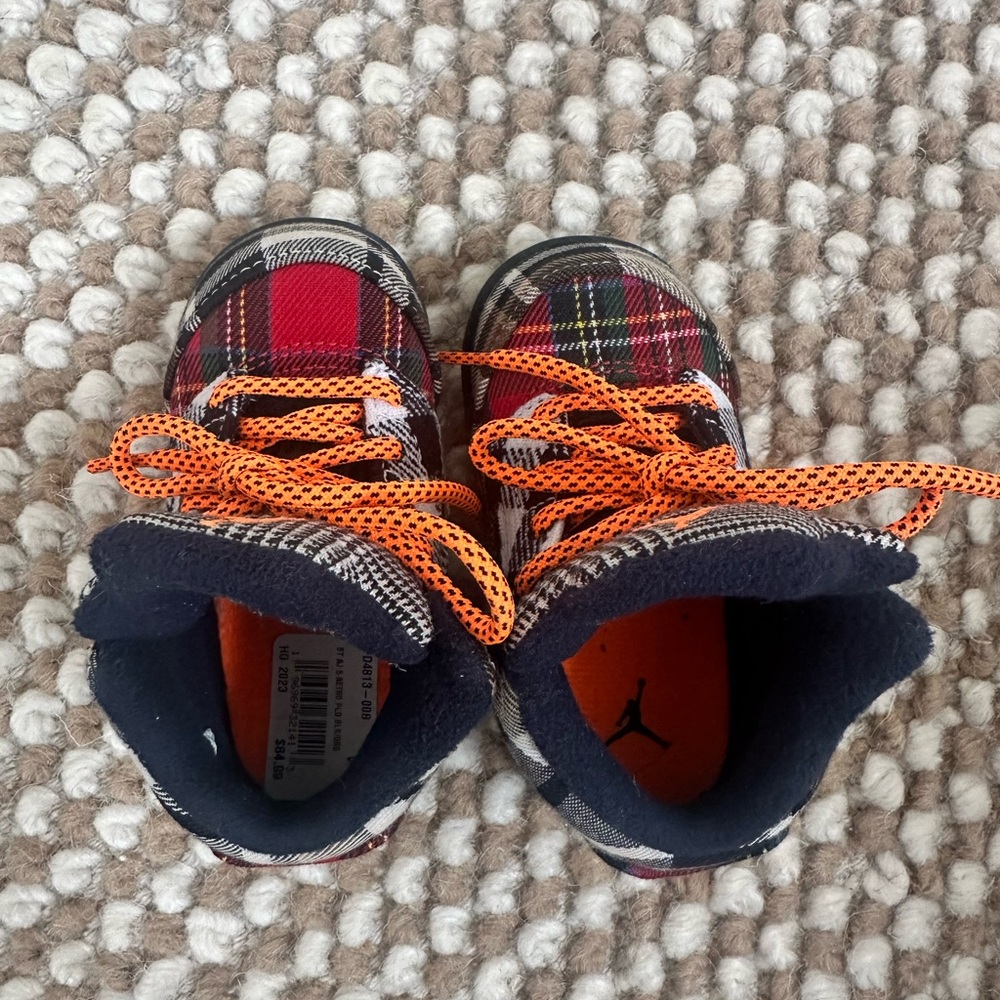 Jordan Kids Plaid Sneakers with Orange Laces